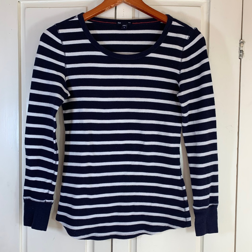 Gap Womens Blue White Nautical Striped Waffle Knit Long Sleeve Thermal Top Small
